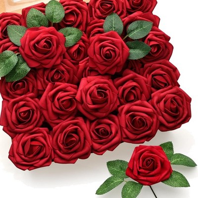 Künstliche Rosen Dunkelrot 50 Stück Schaumstoff Rosen DIY Hochzeit Deko Bouqu...