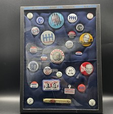 Hubert H Humphrey 1968 US Presidential Campaign Pin Collection 27 Pcs Glass Case