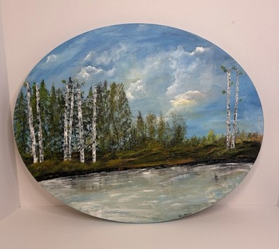 Bear Lake Oil Original Oil Painting Oval Shaped Canvas 20'' X 16'' Signed By Kerri
