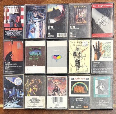 Lot Of 15 Classic Rock Cassettes, Used, Rainbow, Styx, Yes, Jeff Beck U2 Genesis