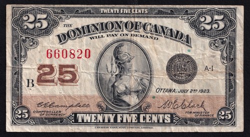 Dominion Of Canada 1923 25 Cent Shinplaster Banknote Campbell - Clark 660820 - 第 1/2 張圖片
