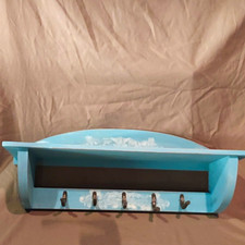 Blue Wood Wall Mounted Key Mail Rack Combo w/ Shelf 5 Metal Hooks