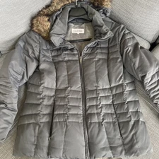Calvin Klein Puffer Hoodie Gray Jacket for Women XL Gray Winter Jacket Preowned
