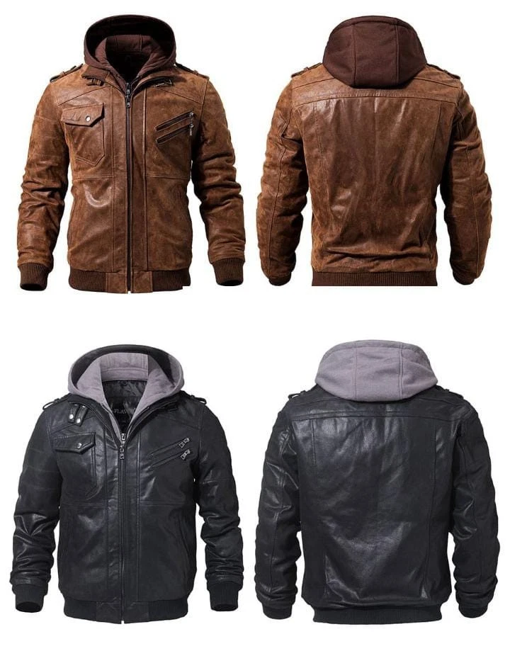Men’s Brown Leather Biker Jacket Hooded Bomber Full Zip Casual Motorcycle Coat