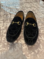 Gucci Horsebit Black Velvet Logo Slip-On Loafers Men's US 9 Almond Toe
