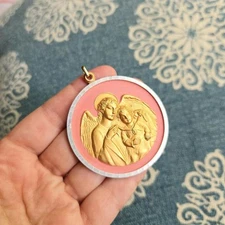 Vintage Gold & Pink Guardian Angel Pendant