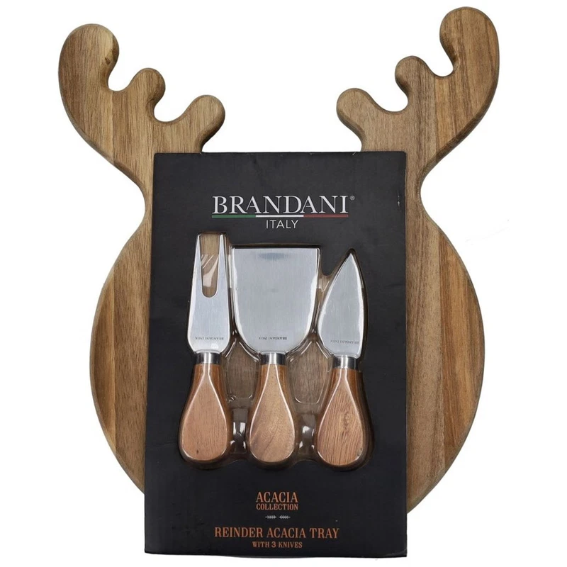 Tagliere Renna Legno di Acacia con 3 Coltelli Formaggio BRANDANI Natale, fotografia 9 di 9