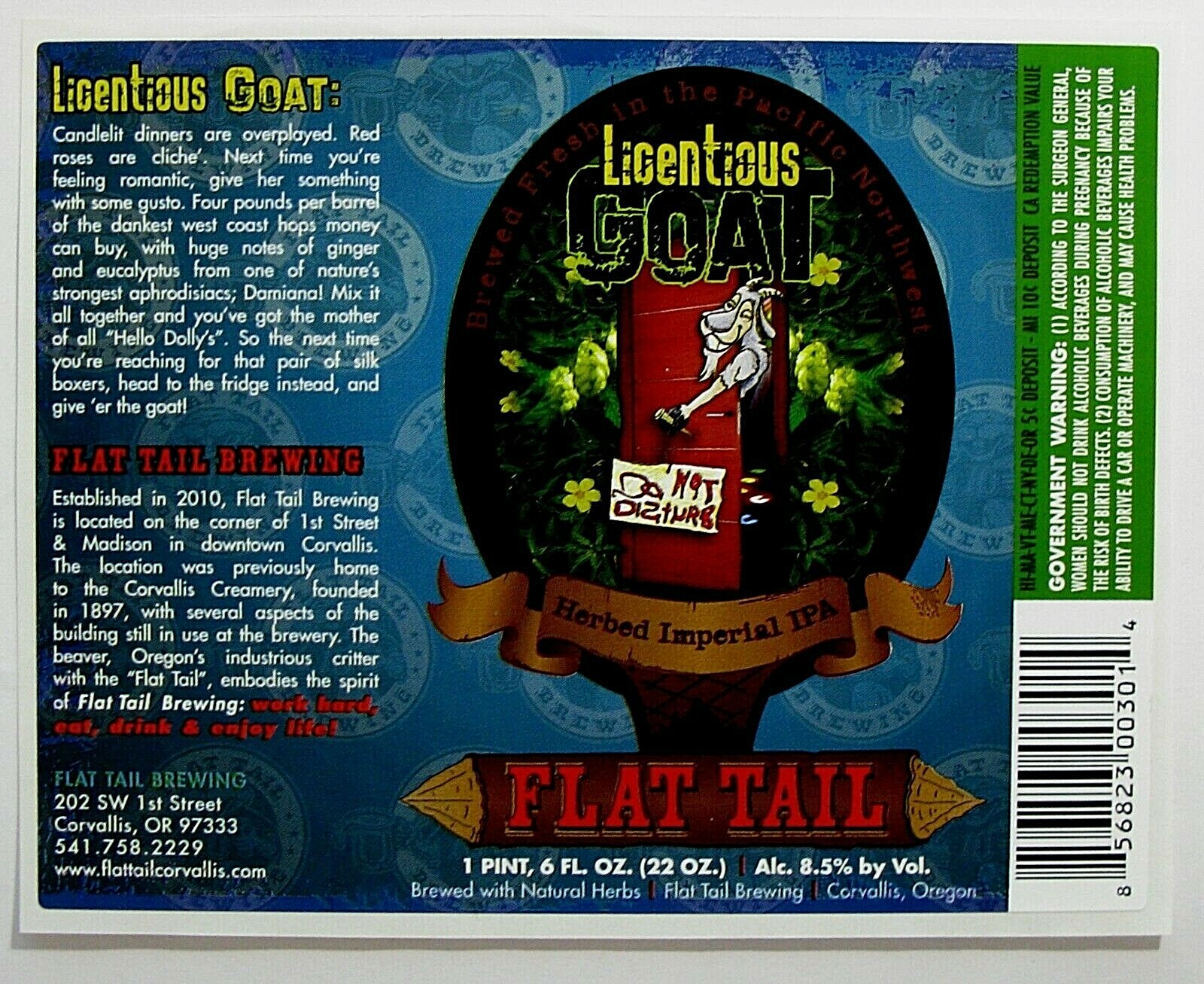 Flat Tail Brewing LICENTIOUS GOAT beer label OR 22oz STICKER