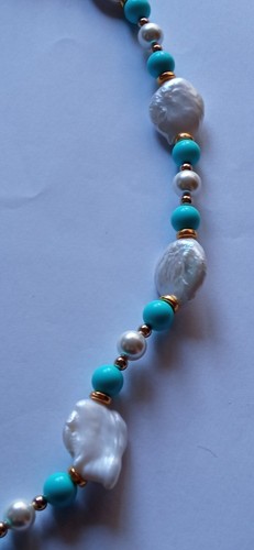 Collana perle irregolari di fiume+perle di majorca+tondi pasta di turchese+croce - Picture 7 of 16