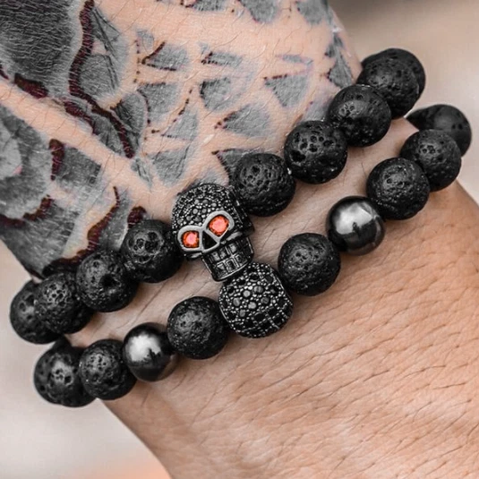 Kolbeinn - 8mm - Black Lava Stone Beaded Stretchy Bracelet with Gun Black Leopard & Faceted Red Imitation Coral Beads