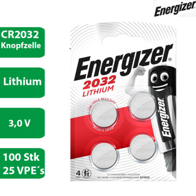 25 x 4er Blister Energizer CR 2032 3V Batterie Lithium Knopfzelle DL2032 100 St.