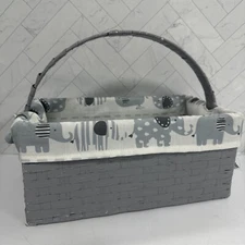 Multi Elephant Print Gray White Woven Basket Handle Storage Organize Nursery