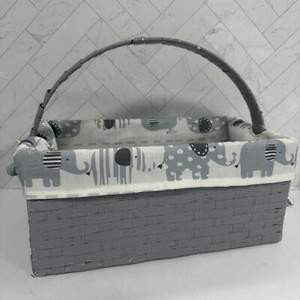 Multi Elephant Print Gray White Woven Basket Handle Storage Organize Nursery
