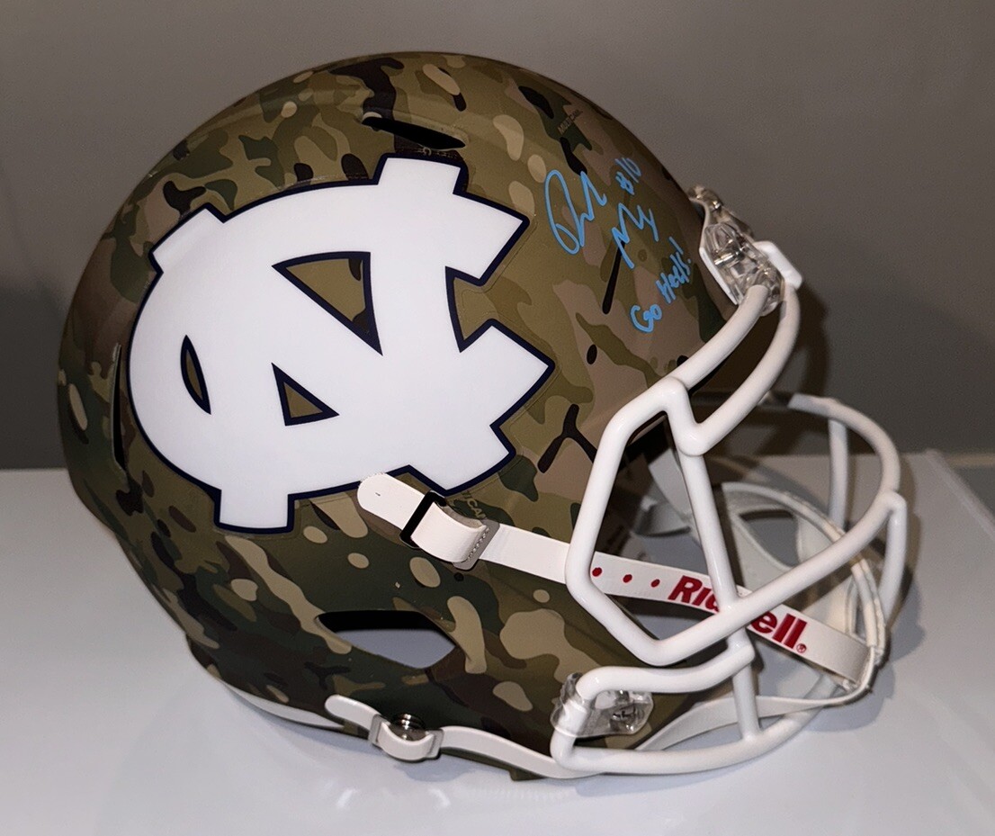 Drake Maye Autographed Signed North Carolina Tar Heels NORTH CAROLINA FULL SIZE CAMO HELMET BAS BECKETT W/ GO HEELS 