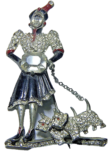 Staret Trembler Pin Lady Walking Dogs Enameled with Rhinestones Unsigned 1940s - Picture 2 of 23