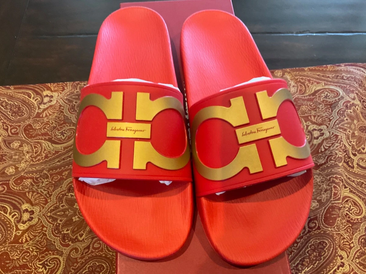 salvatore ferragamo men's red/gold groove 2 slides, size 8, BNIB