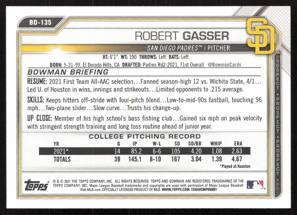2021 Bowman Draft 1st Edition Robert Gasser #BD-135 San Diego Padres - Image 2 of 2