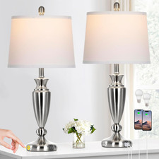 Set of 2 Touch Control Metal Lamps with USB Ports, Modern Silver Nightstand Lamp