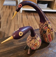 Vintage Peruvian Dried Gourd Hand Carved Painted Bird Folk Art Figurine Lot Of 2