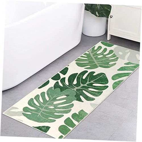 Bathroom Runner Rugs 18x47 inch,Non-Slip Green Leaf Long Bathroom Rug Velvet - Picture 1 of 8