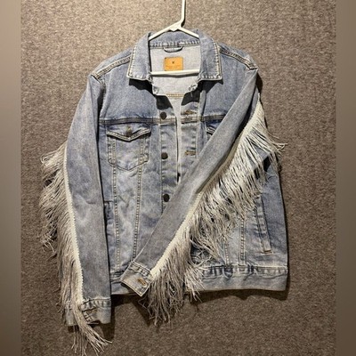 Broadway Girls Denim Silver Fringe Bling Jacket Womens M blue concert western