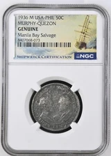 1936 M 50C USA-PHIL MURPHY-QUEZON Manila Bay Salvage Shipwreck Coin NGC Graded