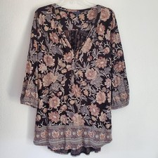 Lucky Brand Shirt Womens 1X Black Floral Boho Tunic Paisley Border Print