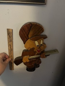 Handmade Wooden Elmer Fudd Cartoon Character Wall Decor, Hand Carved, 15 in.