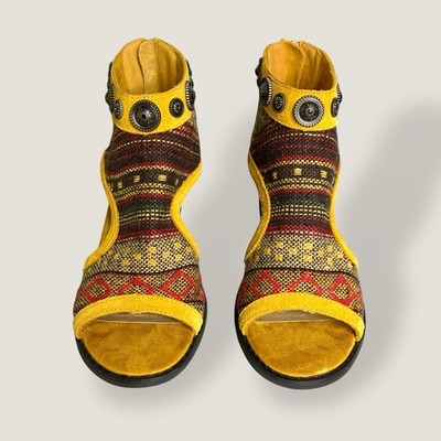 Very Volatile Boho Southwest Concho Suede Peep Toe Heel Sandals Yellow 6