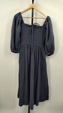 Quince 100% Organic Cotton Gauze Smocked Square Neck Midi Dress Indigo Blue S