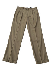 Mens Roundtree Yorke Travel Smart Pants Twill Beige Chino Pleated Cuffed 36X32