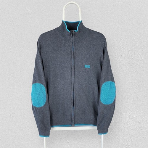 Hugo Boss, Vintage Hugo Boss Grey Full Zip Jumper Blue Elbow Patches Mens Medium