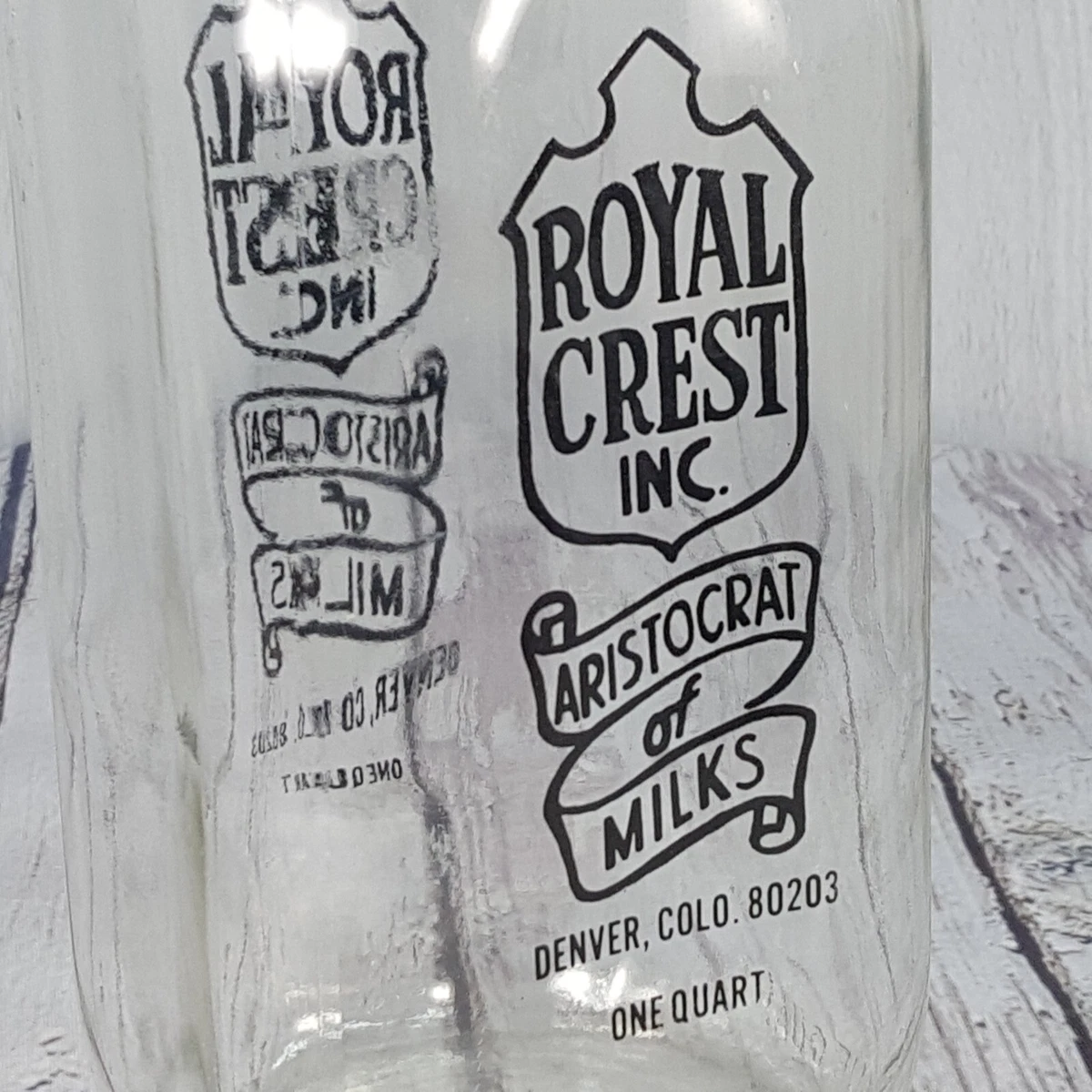 Royal Crest Dairy One Quart Glass Milk Bottle Red Graphics 2 Sides  Aristocrat | eBay