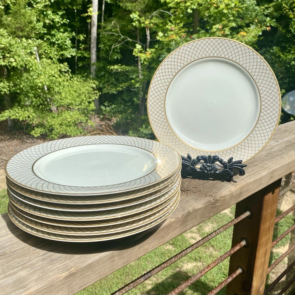 Juego de 8 platos de cena de oro blanco de la dinastía FITZ & FLOYD de colección poco común descontinuado Foto 3 de 4