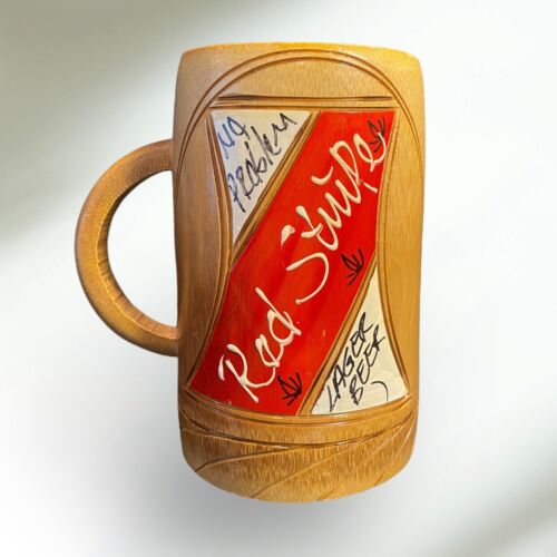 Vintage 1980er rote Streifen Jamaika 12 Unzen Holz Bier Glas handgeschnitzt Logo Stein - Bild 3 von 8