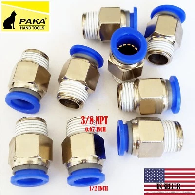 PAKA TOOLS 10 Male Straight Connector Tube OD 1/2" X NPT 3/8 PU Air Push In Fitting