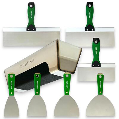 Medusa's Flexible Stainless Steel Drywall Taping Knife Set with 12'' Mud Pan a...
