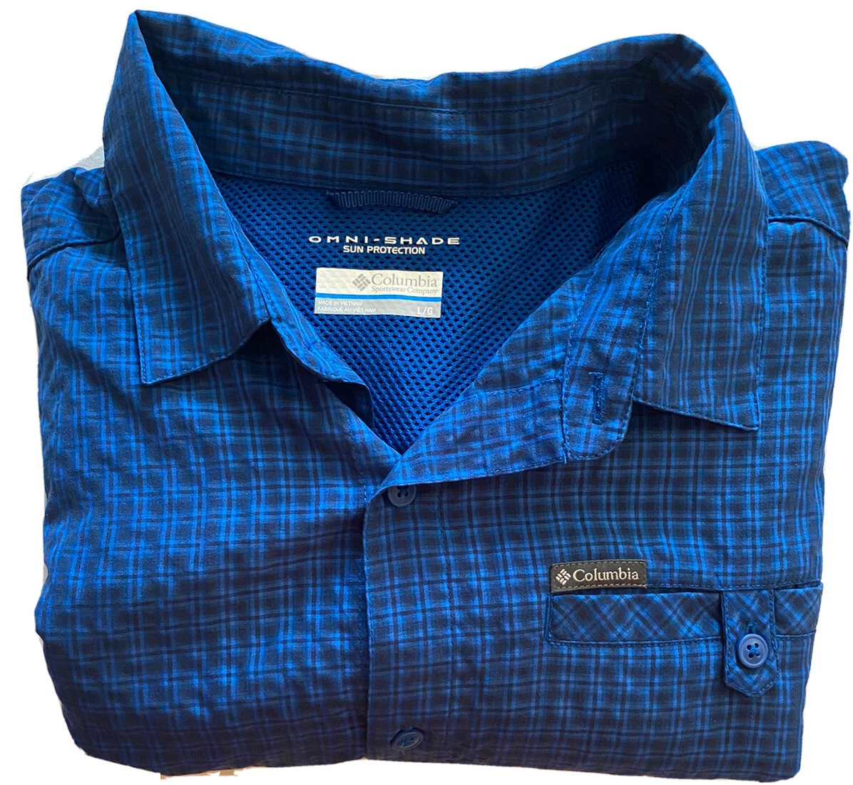 Colimbia Omni Shade Long Sleeve Shirt Blue Checked Large Fishing Outdoor