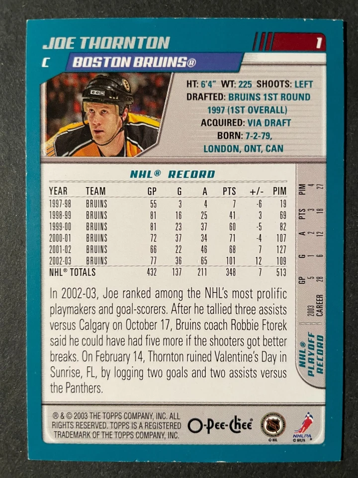 Joe THORNTON 2003-04 O-Pee-Chee Hockey #1 Boston Bruins - Image 2 of 2