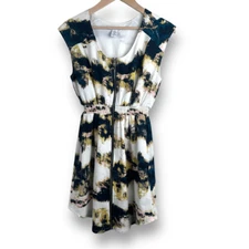 Bar III Women's S Zipper Front Mini Dress Black Green Anstract Spot Fit N Flare