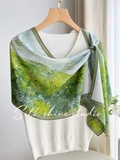 Artistry 100% Silk Scarf Shawl-Van Gogh Green Wheat Field - 55x14"Oblong