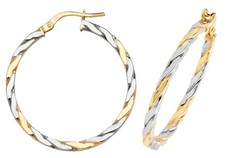 9CT YELLOW & WHITE GOLD TWISTED HOOP EARRINGS - 30MM - TWO TONE GOLD