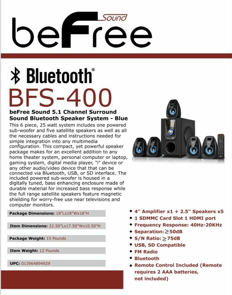 beFree BFS-400 5.1 Ch Surround Sound Speaker System w Remote Bluetooth USB SD FM