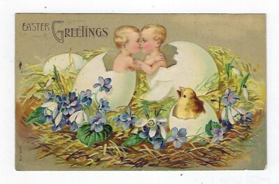 1907 Easter Postcard Series #326 Baby's and A Chick Hatching From Eggs-Embossed