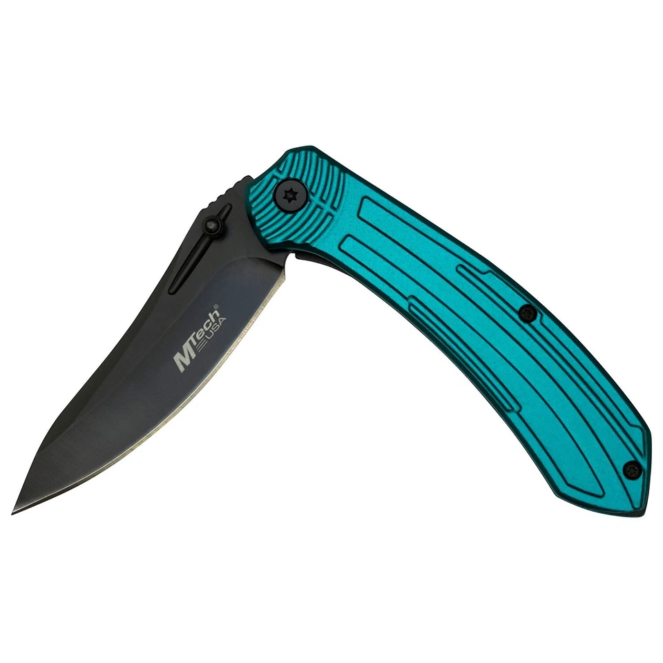 Navaja de Bolsillo MTECH 8" Asistida por Resorte EDC Caza Afilada Mango de Aluminio Afilado TEAL Foto 4 de 4