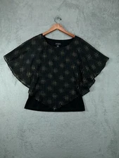 Womens Tops Petite PM Medium BOHO IN STUDIO Black Gold Layered Flutter Sleeve