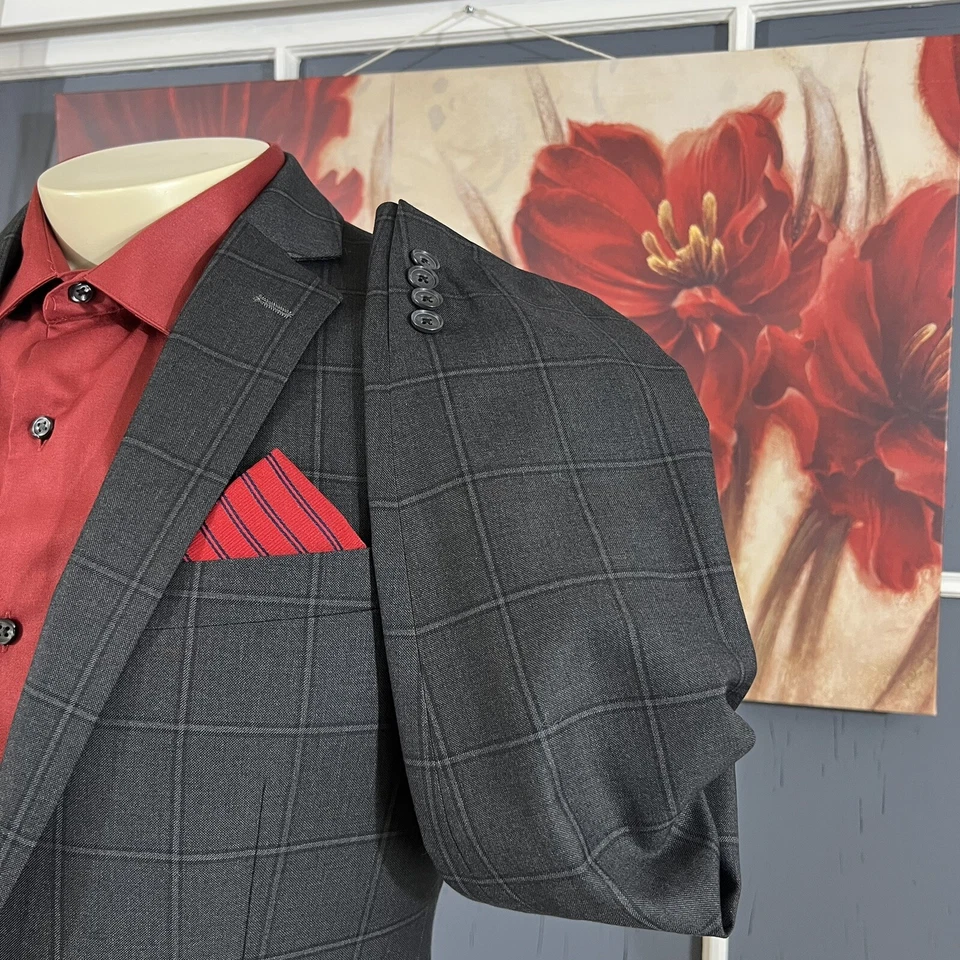 Mens Blazer Ryan Seacrest 40L Long Sport Coat Polyester Suit Jacket Plaid Suits - Image 4 of 4