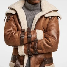 Zara Man Brown Faux Shearling Leather Bomber Jacket- S