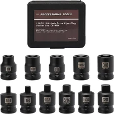 11PCS 3/8" Drive SAE Pipe Plug Socket Set, Tapered Male Square Drive, Chamfered