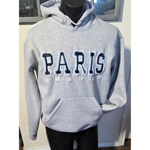 Euro Souvenir Mens Paris France Hoodie Gray Fleece Applique Pullover Size M